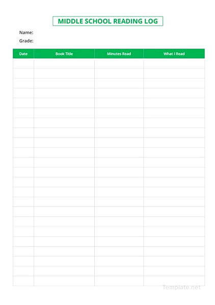 Reading Log templates for Middle School