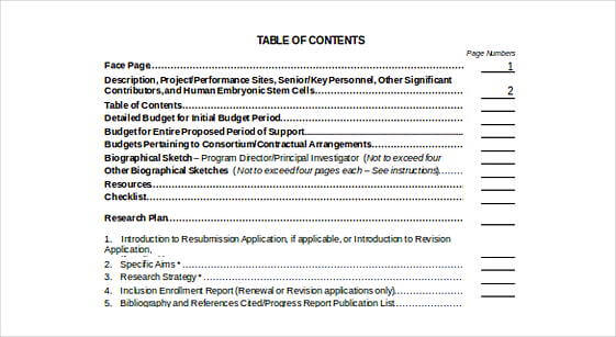 Research Grant Table Of Content Doc Format templates