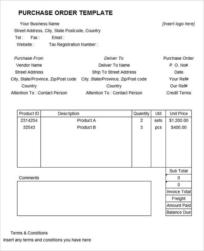 Sample Purchase Order Form templates