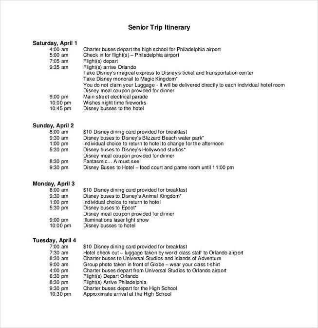 Senior Trip Itinerary