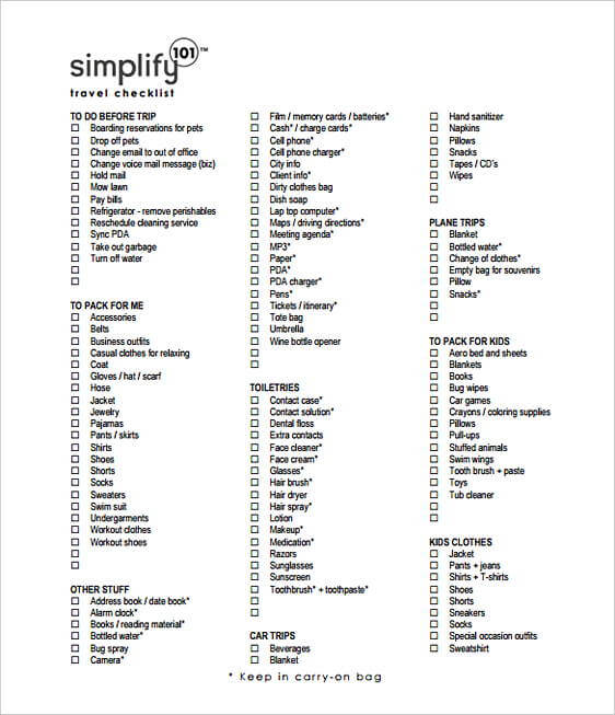 Simplify Travel Checklist templates Printable