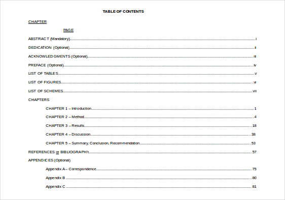 Table OF Content Doc Format templates
