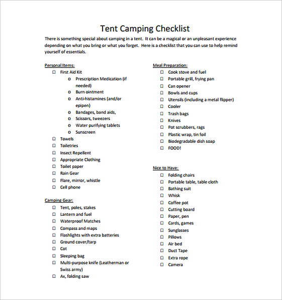 Tent Camping Checklist Format