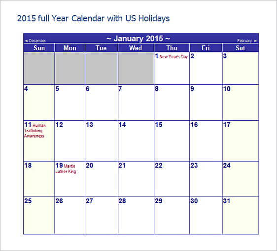 Year Calendar with US Holidays