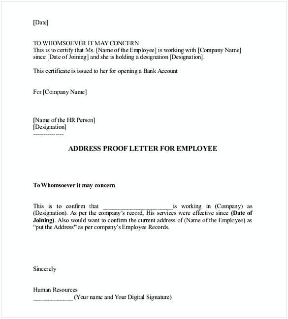 Address Proof Letter For Employee