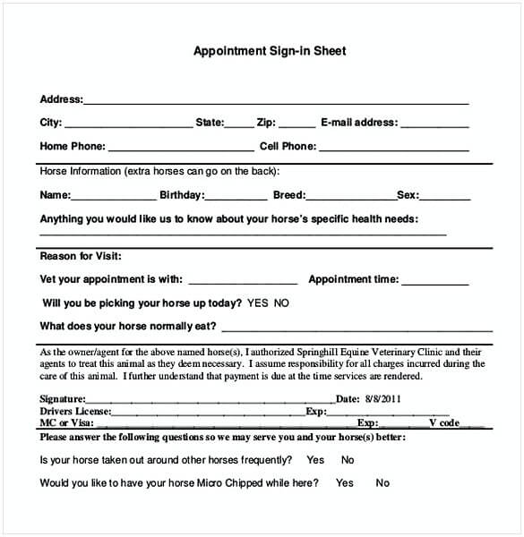 Appointment Sign in Sheet