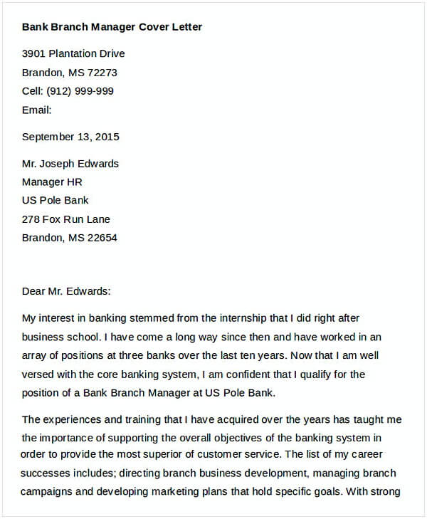 Bank Branch Manager Job Application Letter