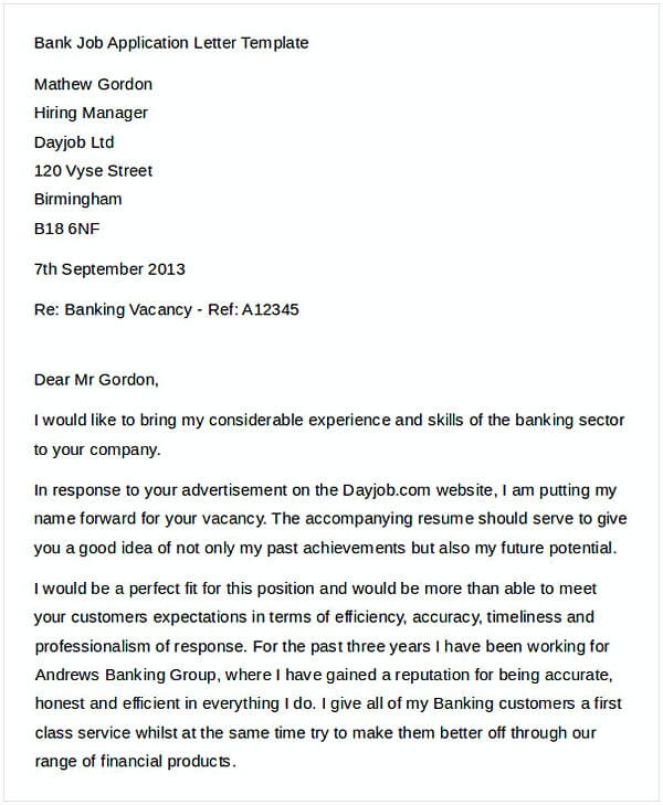 Bank Job Application Letter Template