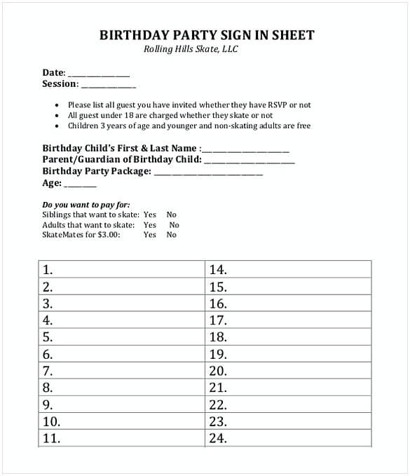 Birthday Party Sign in Sheet