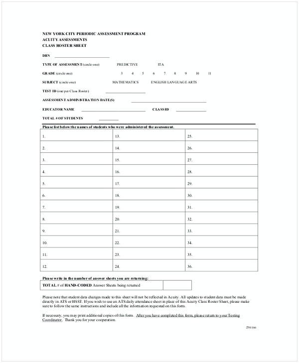 Blank Class Roster Sheet Template