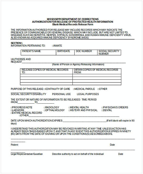 Blank Medical Records Release Form 1