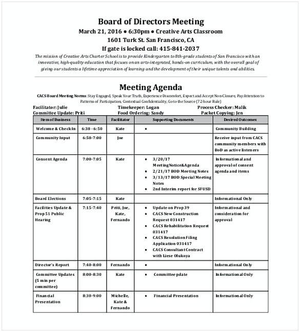 board of directors meeting agenda template