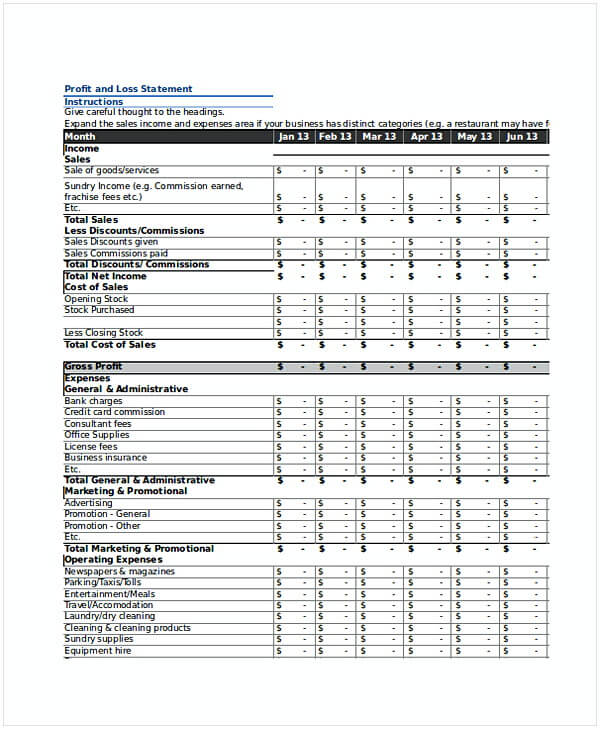 Business Profit Loss Statement Template In