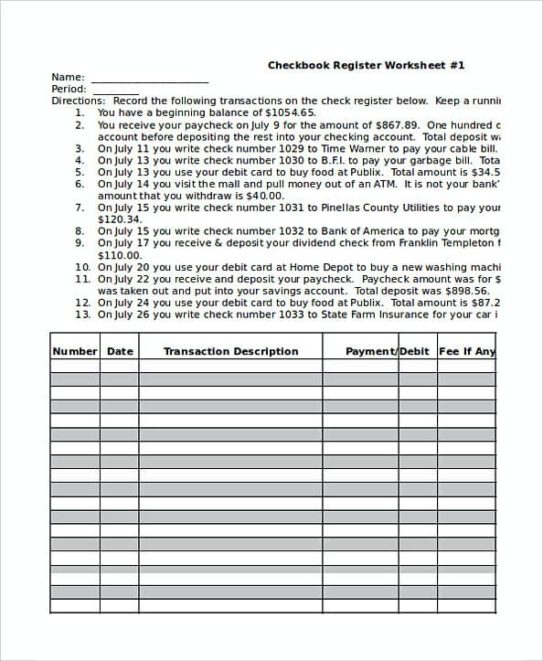 Check Book Register Worksheet