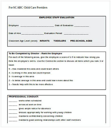 Child Care Employee Evaluation Form
