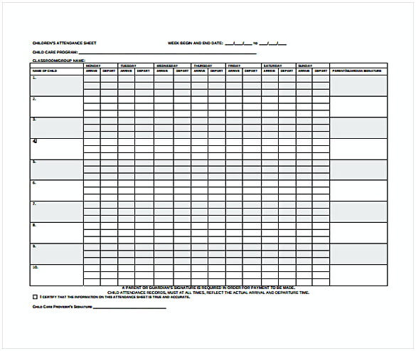 Childrens Attendance Sheet PDF Free Download 1