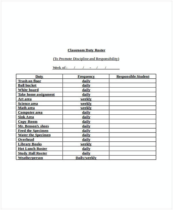 Classroom Duty Roster Template