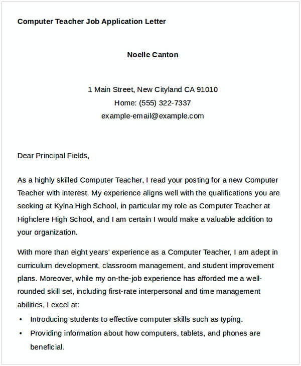 Computer Teacher Job Application Letter