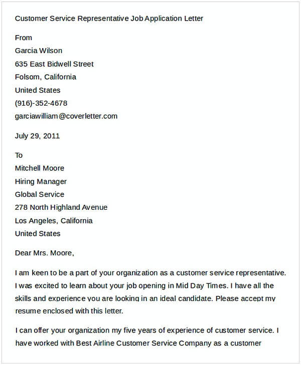 Customer Service Representative Job Application Letter