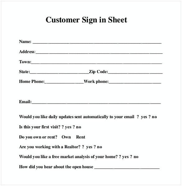 Customer Sign in Sheet