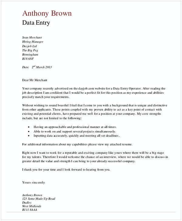 Data Entry Job Operator Application Letter