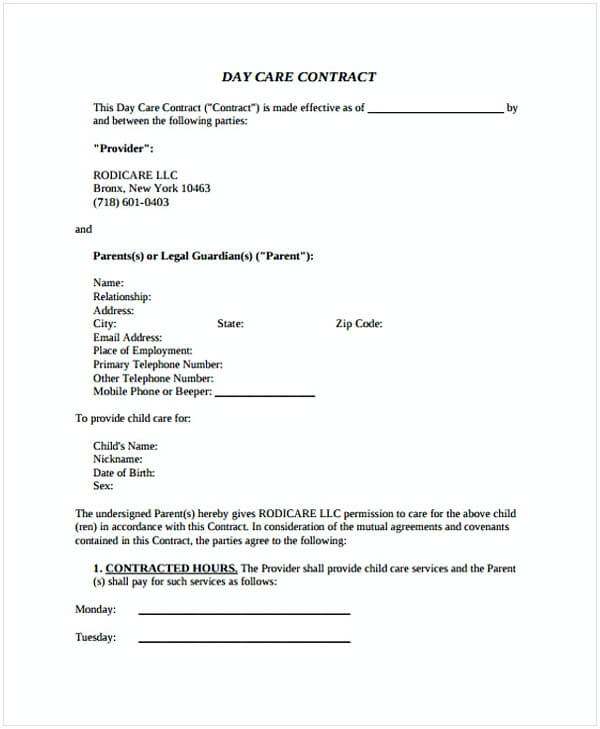 Daycare Contract in PDF