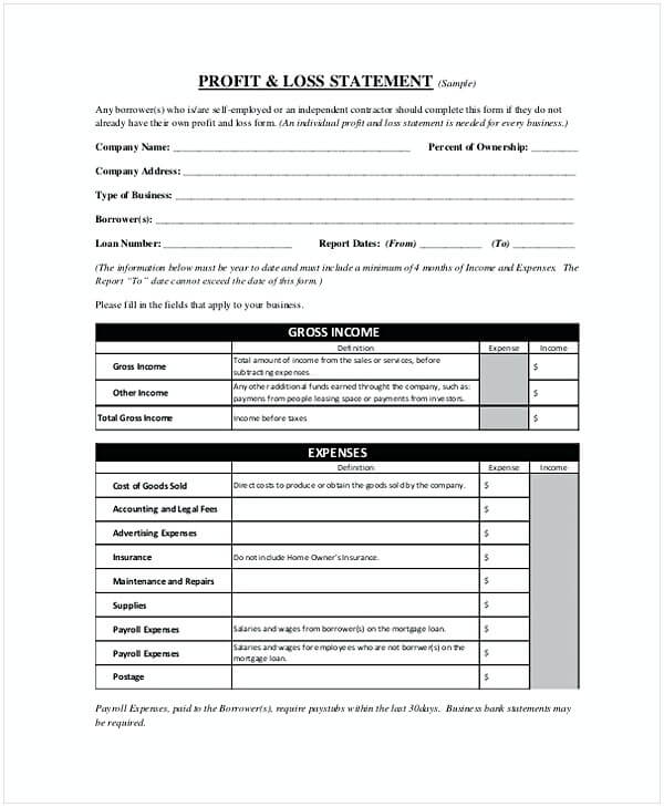 Download Profit Loss Statement Template Sample