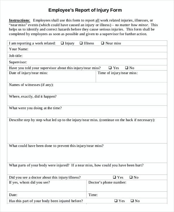 Employee’s Report of Injury Write Up Form
