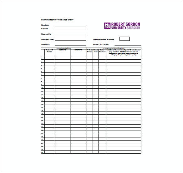 Examination Attendance Sheet Free PDF Template Download 1