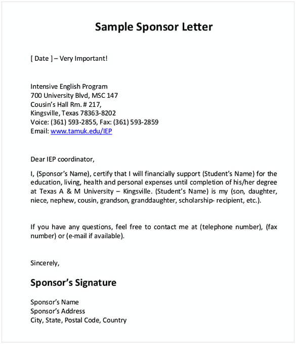 Example of a Sponsor Letter