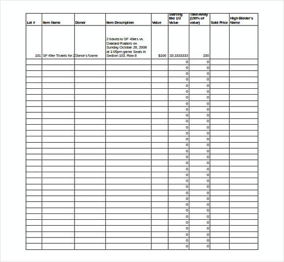 Excel Format Silent Auction Bid Sheet Template