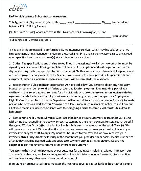 Facility Maintenance Subcontractor Agreement