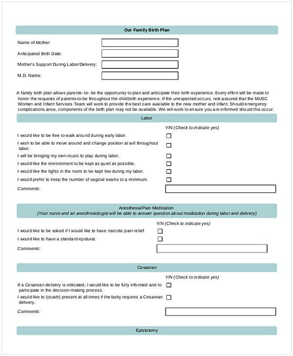 Family Birth Plan Template