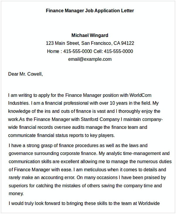 Finance Manager Job Application Letter