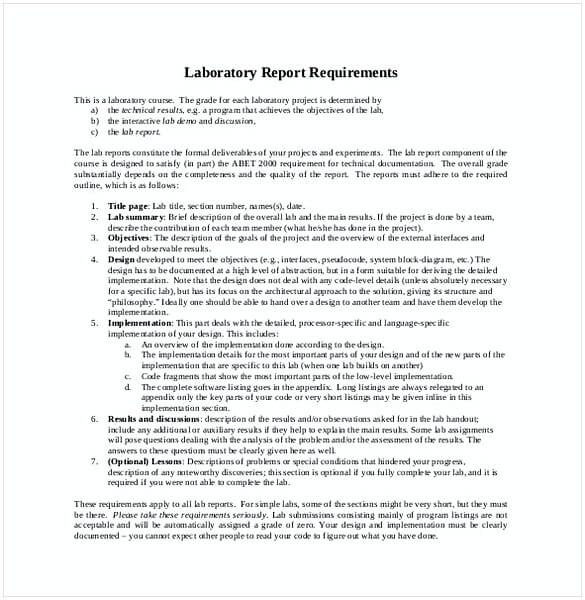 Format of Laboratory Report Requirement