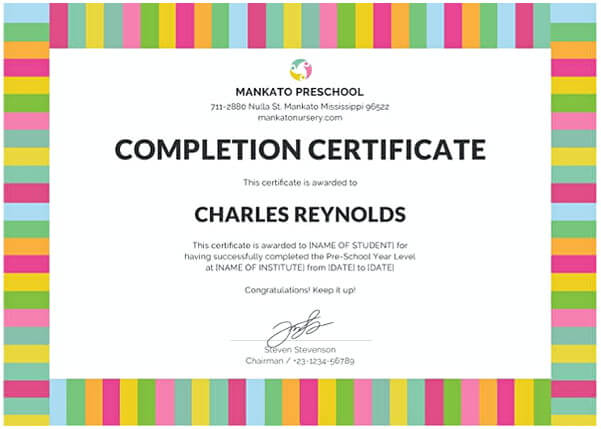 Free Preschool Completion Certificate Template