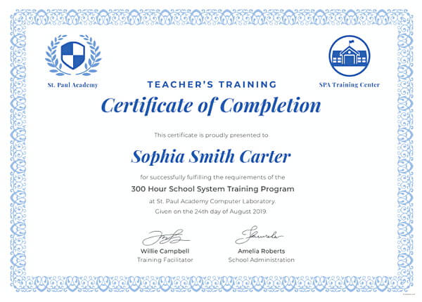Free Teachers Training Completion Certificate Template