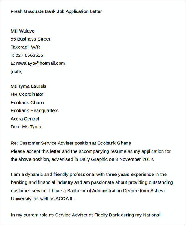 Fresh Graduate Bank Job Application Letter