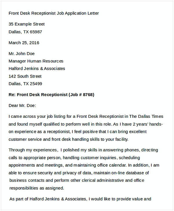 Front Desk Receptionist Job Application Letter