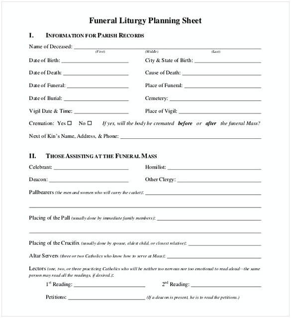 Funeral Liturgy Planning Sheet