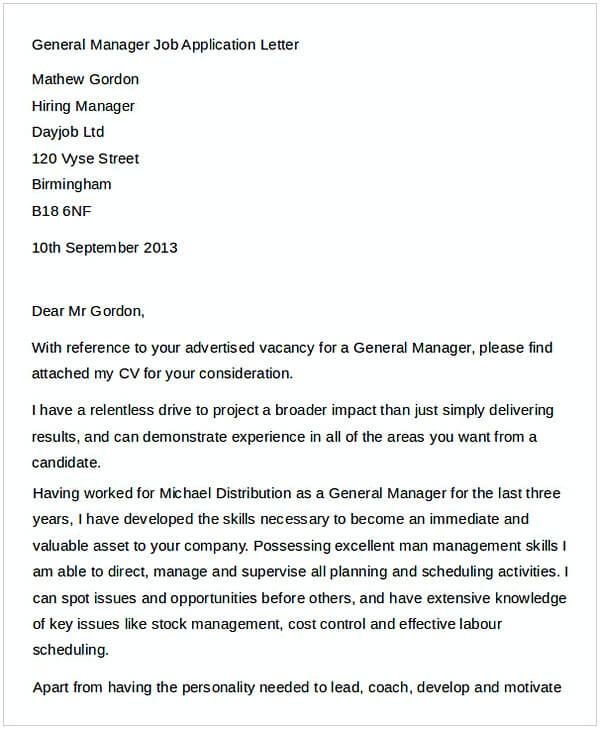 General Manager Job Application Letter