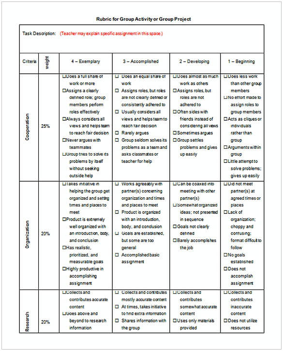 Group Activity Project Rubric Template MS Word