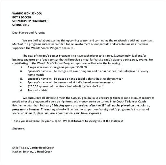 High School Sponsorship Letter