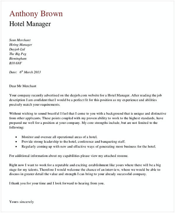 Hotel Manager Job Application Letter