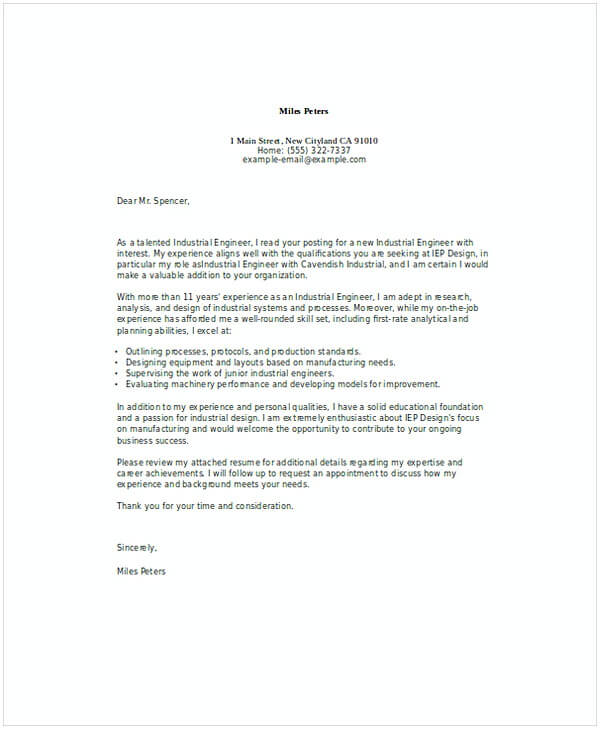 Industrial Engineer Job Application Letter