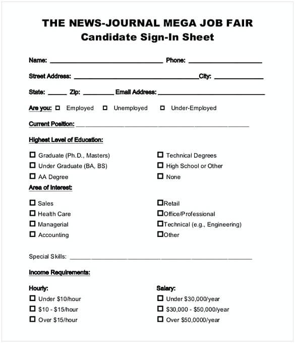 Job Fair Candidate Sign In Sheet