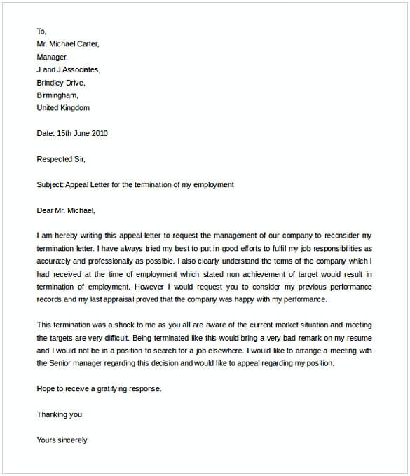 Job Termination Appeal Letter Template Word Doc