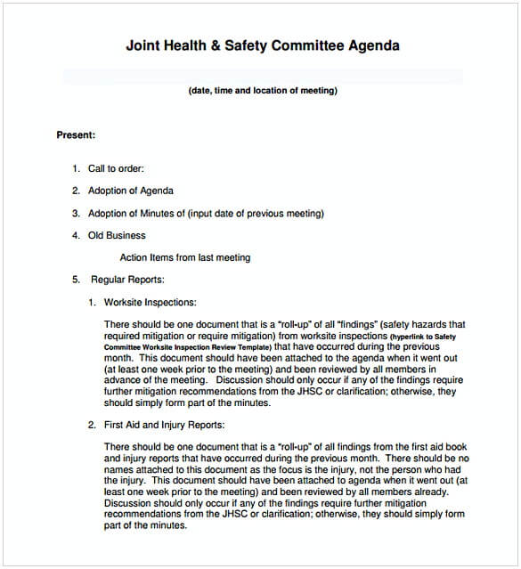 Joint Health Safety Committee Agenda Meeting Template