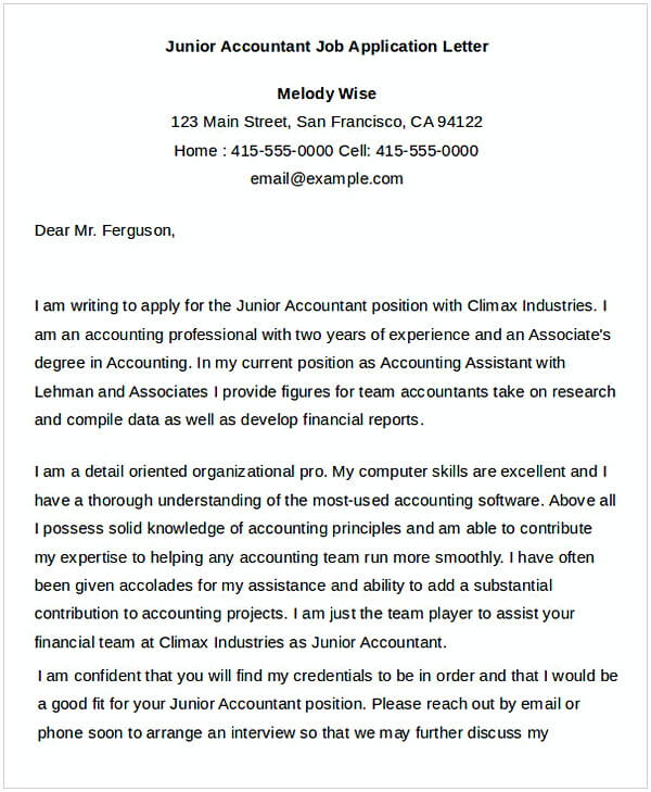 Junior Accountant Job Application Letter