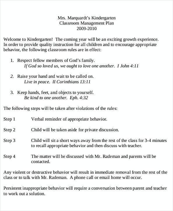 Kindergarten Classroom Management Plan